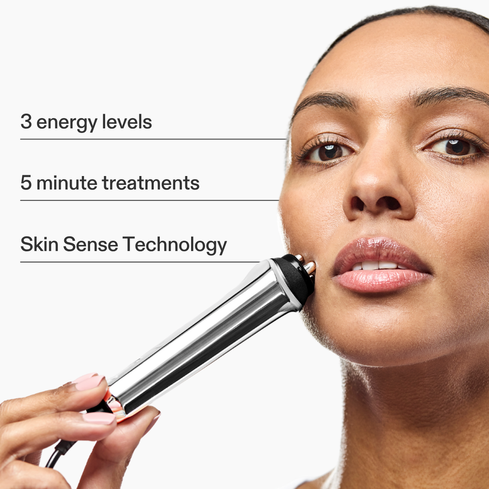 CurrentBody RF device highlighting three energy levels, five-minute treatments, and Skin Sense Technology