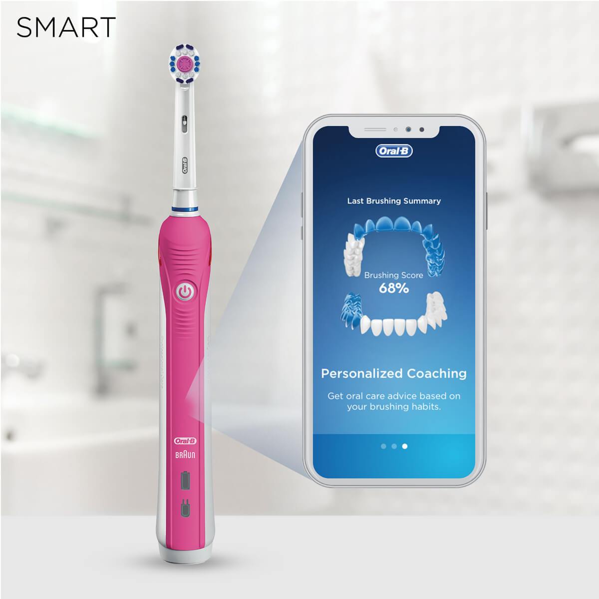 Oral B Smart 4 4000 3D White Pink Bluetooth Enabled Electric Toothbrush Travel Case
